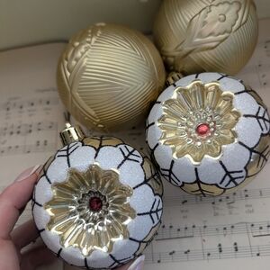 Vintage Inspired Gold and White Holiday Ornaments Set Of 4